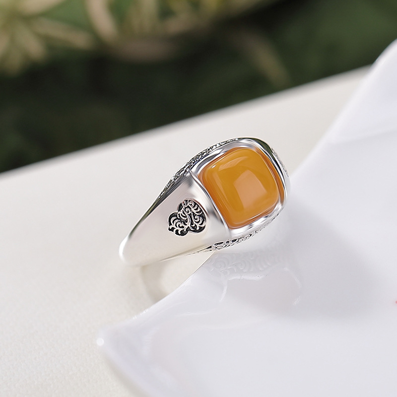 Nhẫn bạc S925 hình vuông họa tiết cổ điển phong cách Tang Grass — Mô hình sáp ong