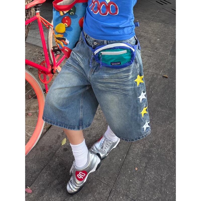 Cross-border American retro casual trendy brand cat-whisker washed distressed loose wide-leg cropped denim shorts with side pockets Cross-border American retro casual trendy brand cat-whisker washed distressed loose wide-leg cropped denim shorts with side pockets