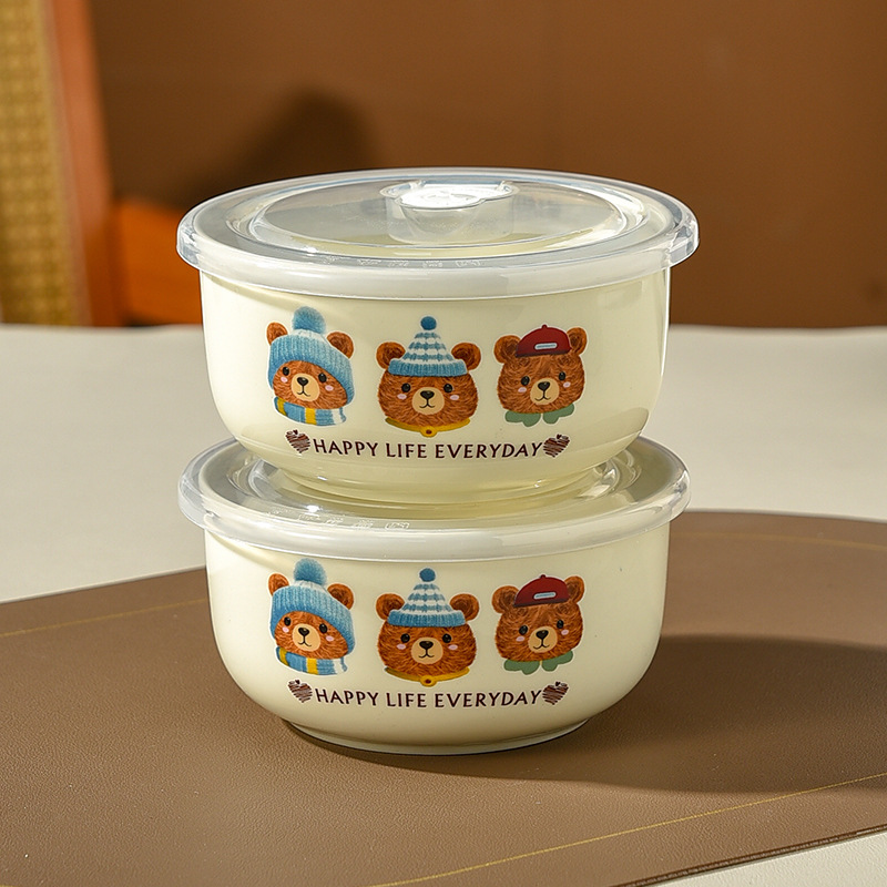 Cuencos de cerámica de tres piezas con cubierta de caja de preservación de microondas sellado de bento para estudiantes de almuerzo de oso grande