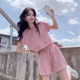 2022新款韩版休闲运动服套装女宽松短袖高腰阔腿短裤时尚两件套潮