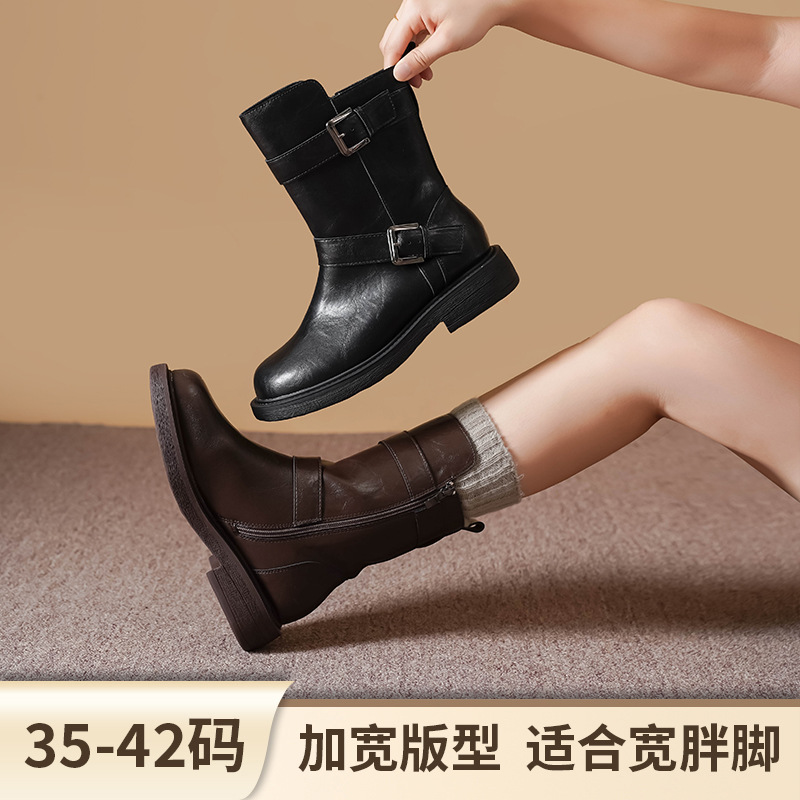 大码中筒厚底短靴女英伦风复古切尔西靴2025新款时尚马丁靴网红潮