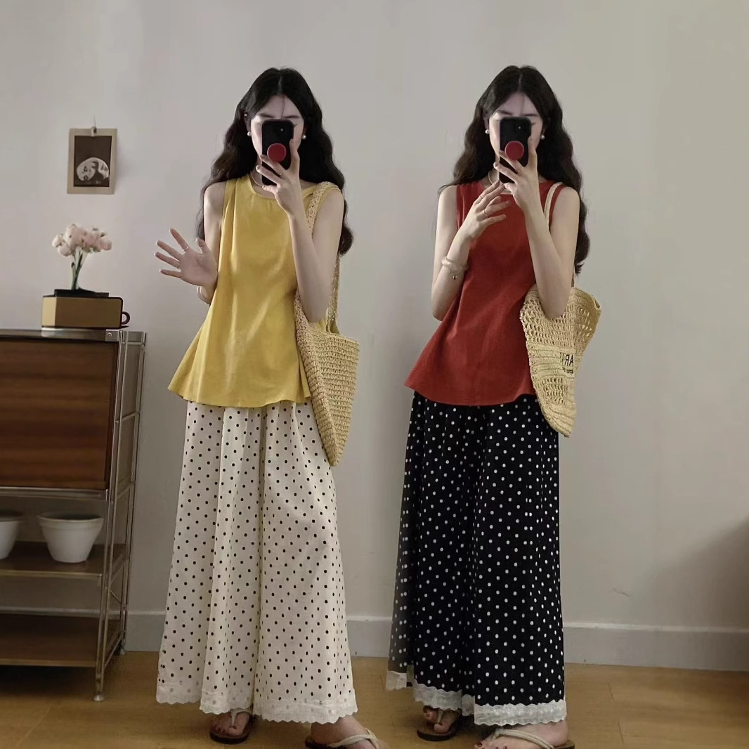 Summer New Lace-Trimmed Wide-Leg Pants for Petite Women, Breathable, Fashionable, Loose-Fitting, Thin, Cool Casual Pants