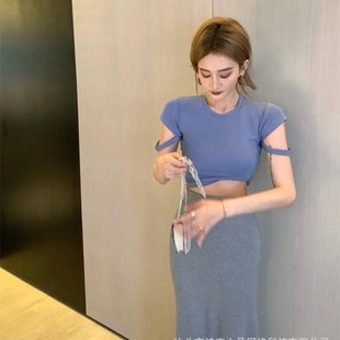 New Design Retro Pure Color Small Round Neck Elastic Short Tight Short-Sleeved T-Shirt Half-Sleeved Navel-Baring Bottoming Top