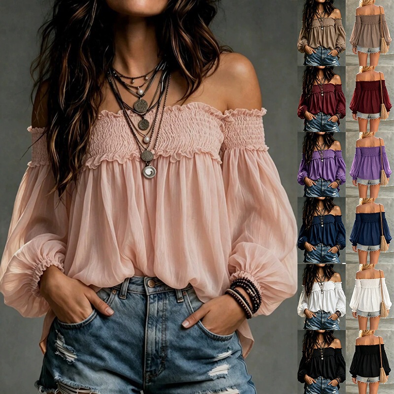 2026 Autumn/Winter New Cross-Border Amazon Wish European and American Women's Fashion Solid Color Off-Shoulder Casual Gathered Blouse Shirt 2026 Autumn/Winter New Cross-Border Amazon Wish European and American Women's Fashion Solid Color Off-Shoulder Casual Gathered Blouse Shirt