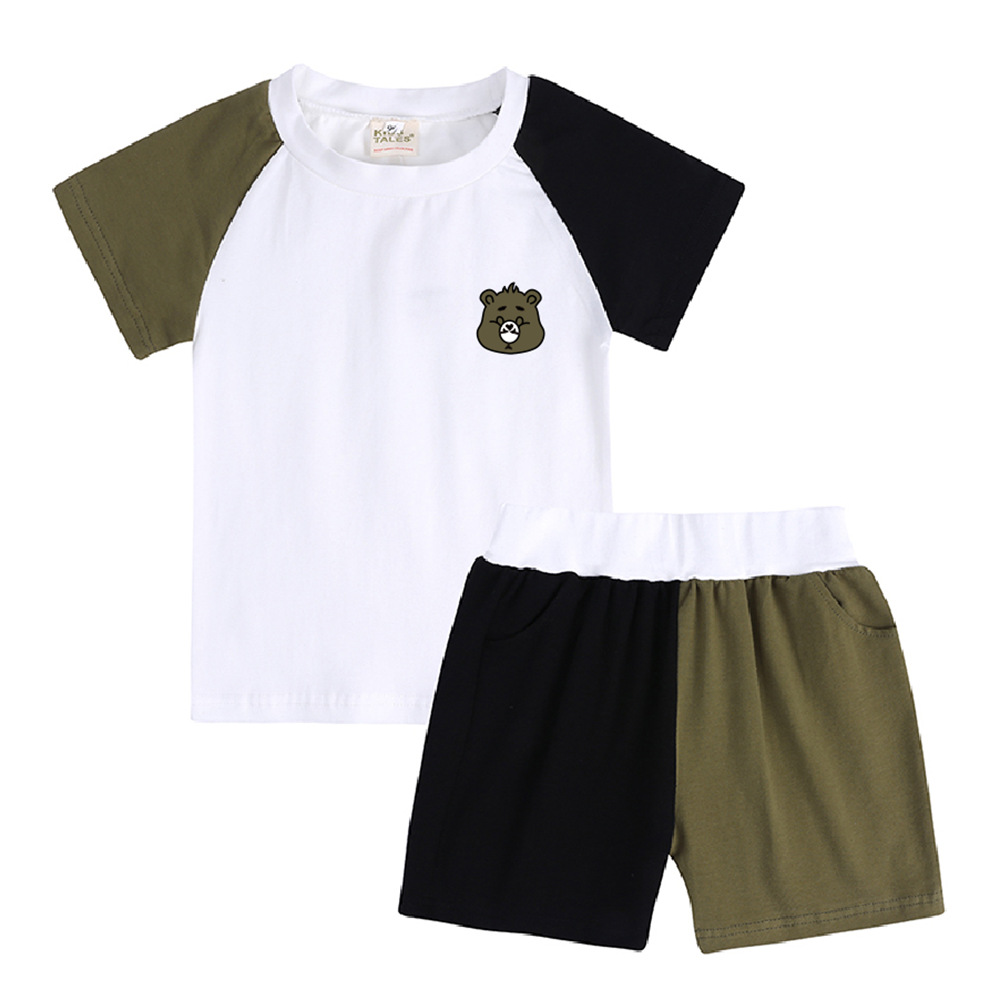 2 Piece Set Quantity Round Neck Neckline Cute Color Block Cotton Boys Clothing Sets