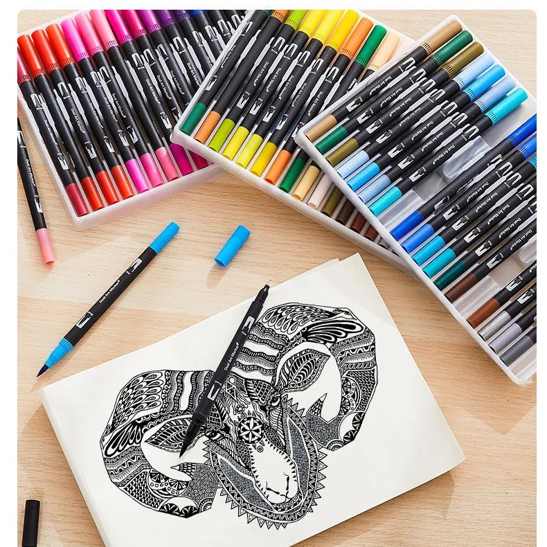 Amazon marcador de doble cabeza a base de agua pluma de acuarela de cabeza suave traje de pintura para niños Hook Pen suministros de arte DIY