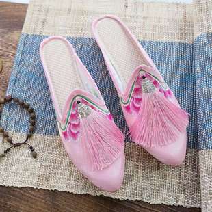Old North Cloth Shoes Slippers Women's Outer Wear Tassel Slippers Women's Ethnic Style Embroidered Slippers Women's Satin Hanfu Slippers