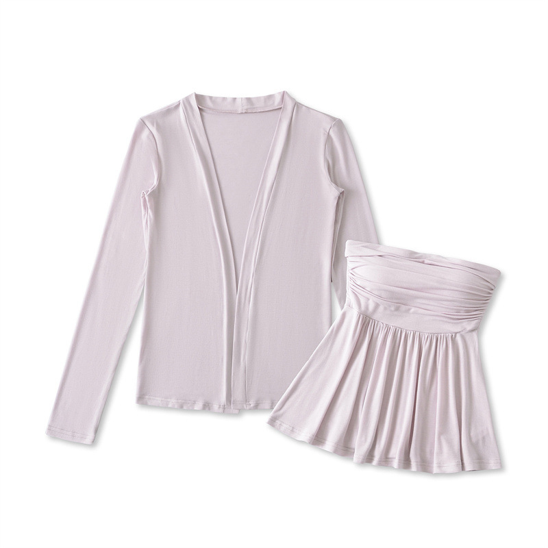 2025夏季新款温柔风褶皱抹胸背心上衣长袖开衫外套女休闲两件套装