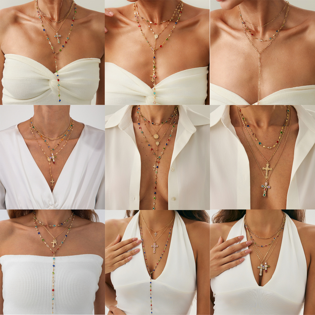 European and American Cross-Border Fashionable Y-Shaped Tassel Necklace for Women, Creative Colorfulful Double-Layer Cross Pendant Clavicle Chain Necklace