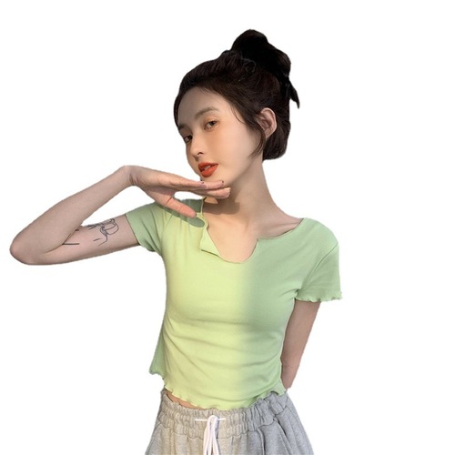Green Fitted Lock Bone T-Shirt for Women V-Neck Short Sleeve 2025 Summer Short Length Bare Belly Hot Girl Upper Clothing for Women Trendy Hot Girl Style