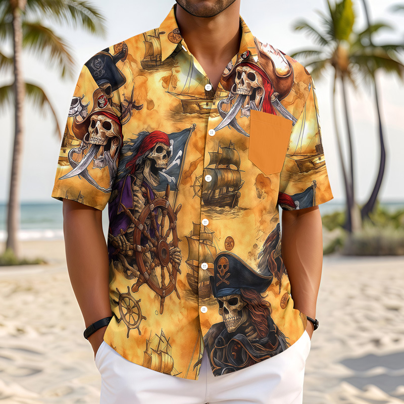 Beach Skull Style Short Sleeve Stand Men's Shirt Street Fashion Cross Border Hawaii Beach Resort