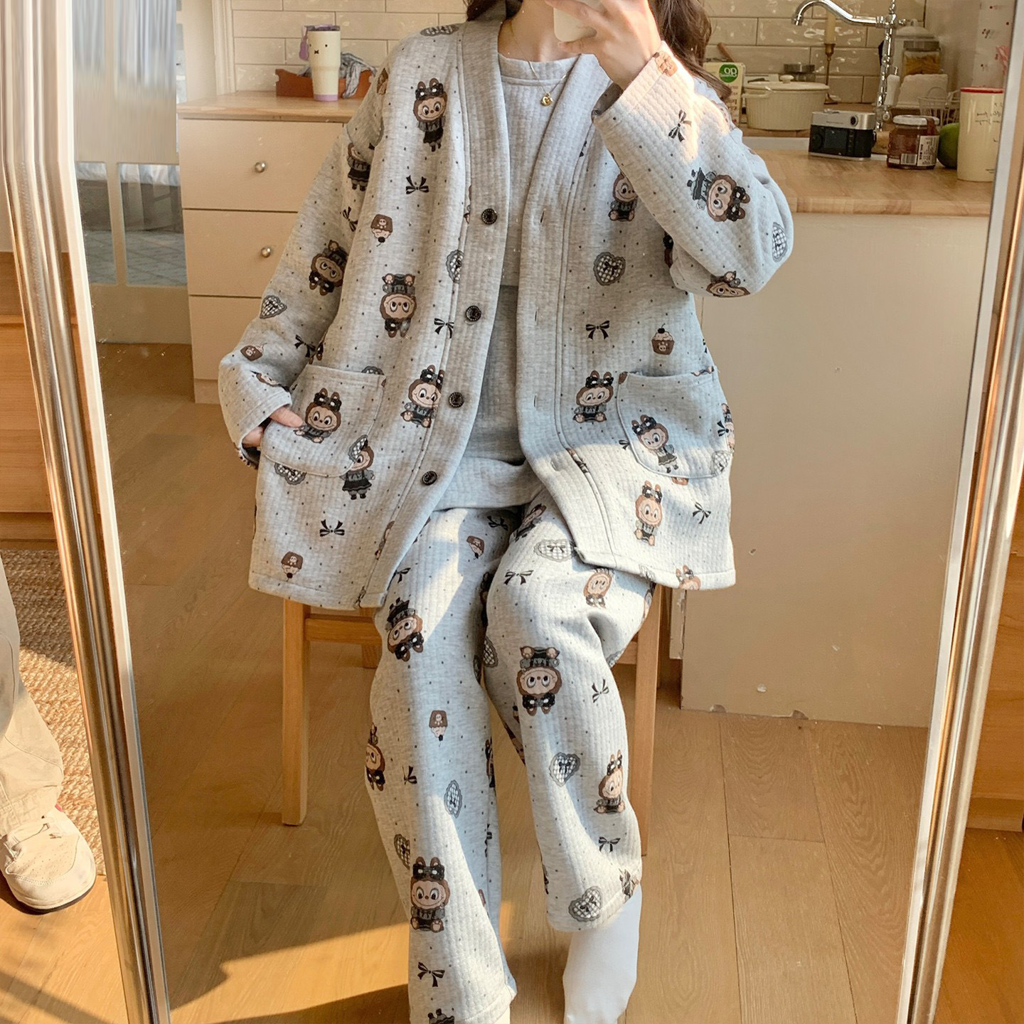 空气棉月子服三件套月份厚产妇哺乳期带胸垫孕妇睡衣秋冬季