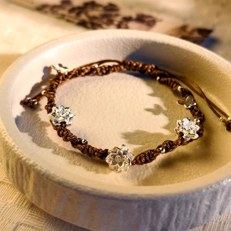Foot Silver 999 Three Lotus Bracelet Good Luck Lotus Butterfly Rope Hand Rope Women's New Chinese Original Design