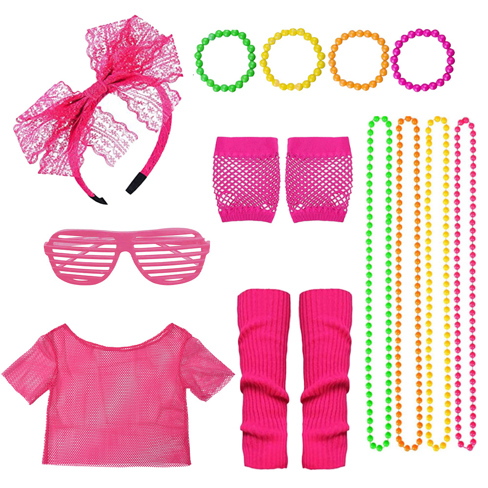 Traje de la década de 1980 fiesta de baile hebilla en la cabeza gafas cadena de cuentas rodilleras falda aretes traje de los 80