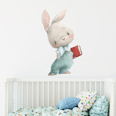 BR64030 卡通水彩書本兔子動物牆貼紙自粘 兒童房裝飾跨境