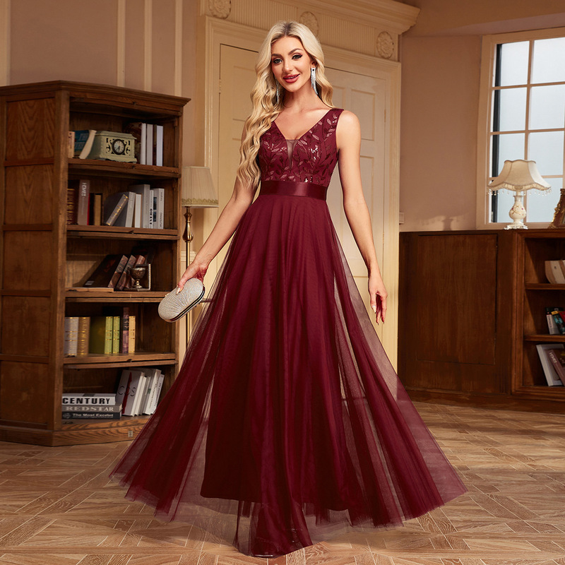 26 Multi-Color Patchwork Elastic Waist Sleeveless Double V-Neck Evening Gown with Sheer Embroidery, Long Elegant A-Line Party Dress