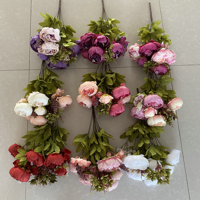 Tela cepillada Meiya 13-cabeza peonía de estilo europeo núcleo flor artificial flor falsa boda salón decoración ramo