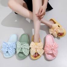 厚底EVA踩屎感4cm可爱格子蝴蝶结凉拖鞋女夏外穿居家户外沙滩鞋拖