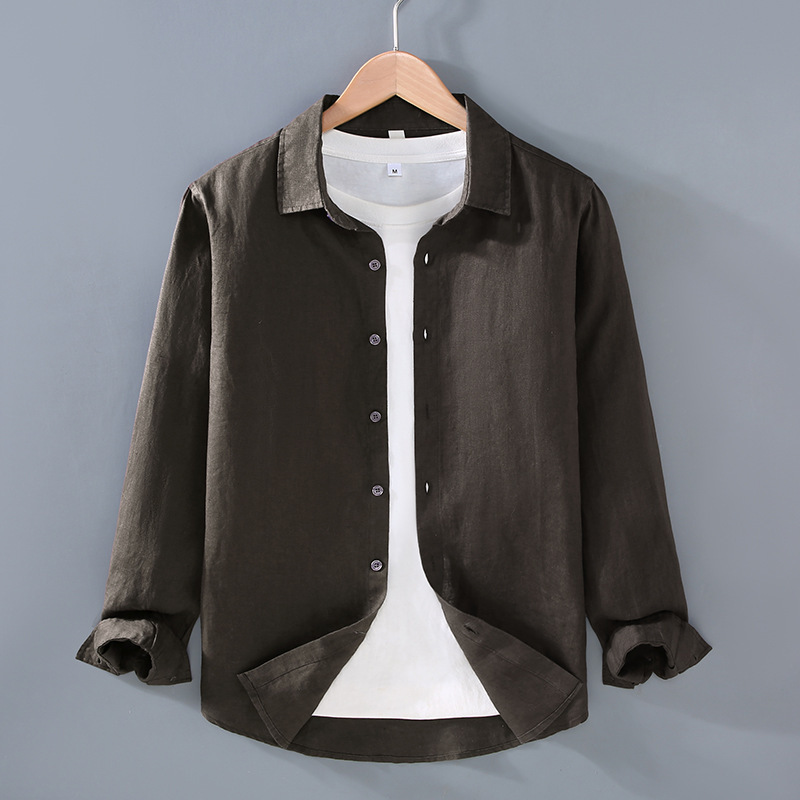 9605 High-End Pure Linen Men's Shirt Spring and Summer Casual Lapel Shirt Large Size Loose Versatile Clothes Trendy