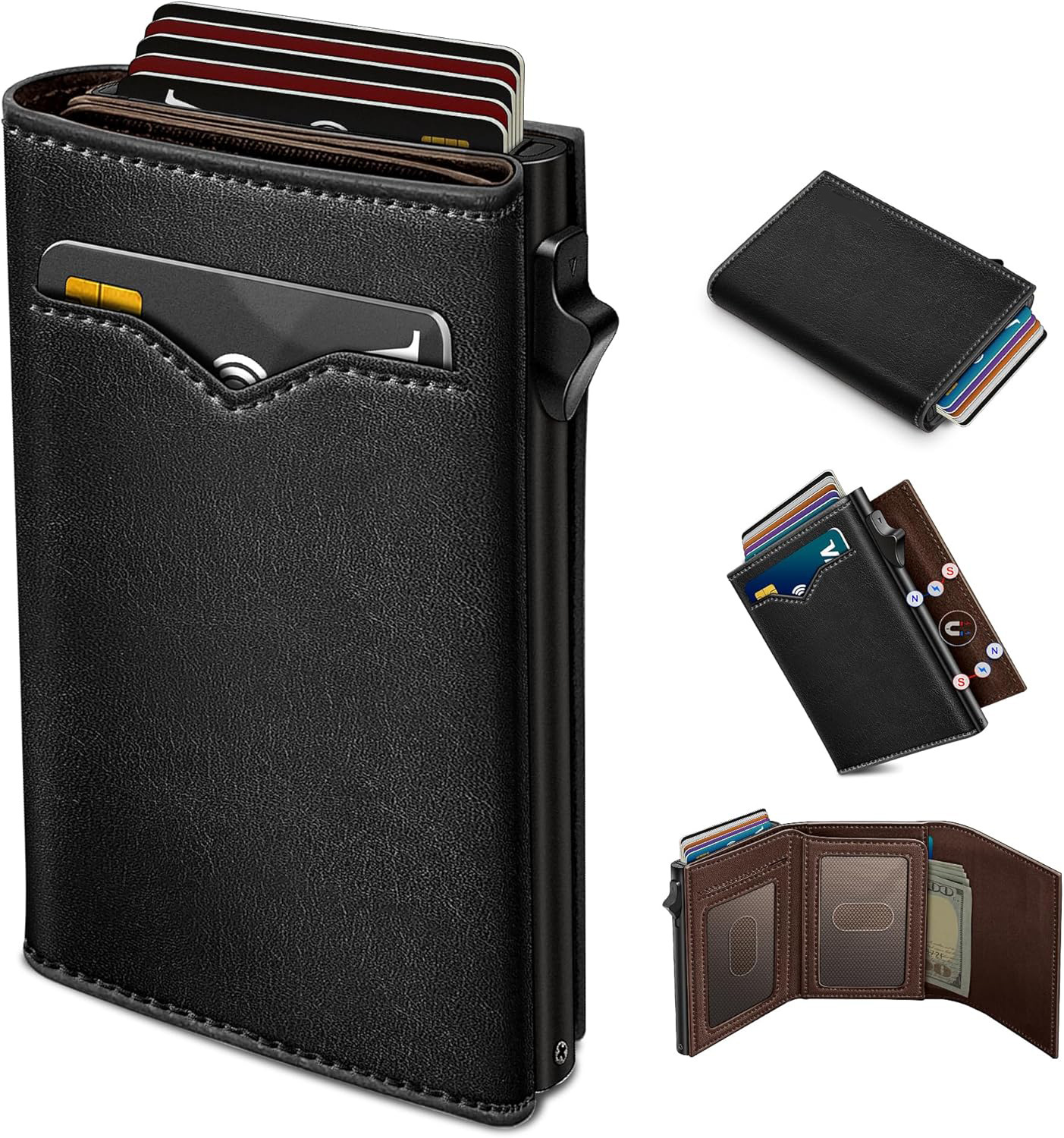 Cartera vertical con cepillo antirrobo RFID personalizada Cartera de cuero de cera de aceite de posición de tarjeta múltiple Cartera multifuncional triple para hombres