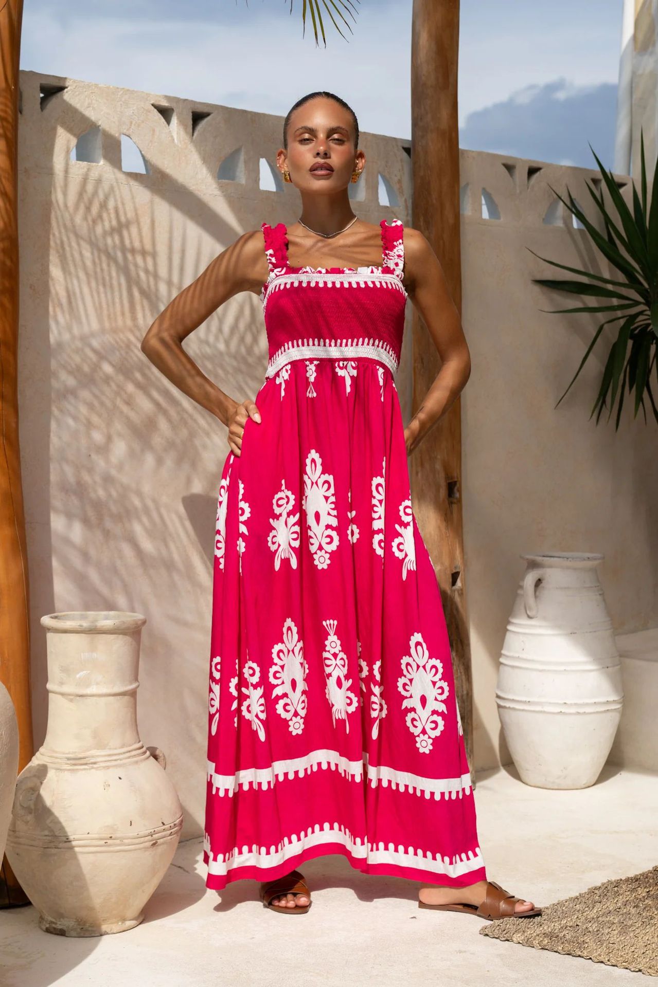 364g Weight Maxi Long Dress Dress Length Type Sleeveless Sleeve Length Strap Dress Dresses Type Polyester Fabric Type High Waist Waist Line Holiday Occasion Strap Neckline Loose Fit Type Printing Pattern 2025 Spring and Summer Season Women's Gender Elegant, Vacation Style Wholesale Women's Elegant Vacation Printing Holiday Strap Sleeveless Strap Dress 26