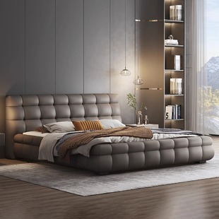Italian minimalist genuine leather bed light luxury modern style soft bag double bed high-end simple master bedroom bed Atmospheric Storage wedding bed