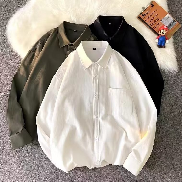 Spring and Autumn Thin High Quality Shirt Men's Hong Kong Style Loose Solid Color Inner Shirt Korean Style Handsome Casual Top