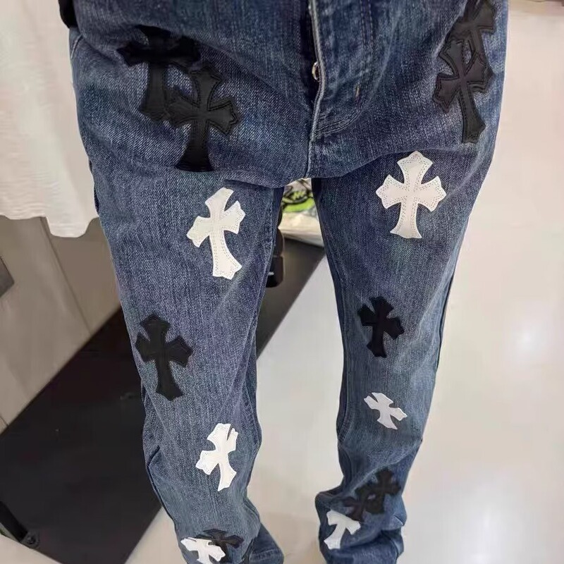 [Exclusively for Cross-Border Export] Spring and Autum Embroidered Loose Wide-Leg Jeans for Men, Floor-Length Pants, Cross Style