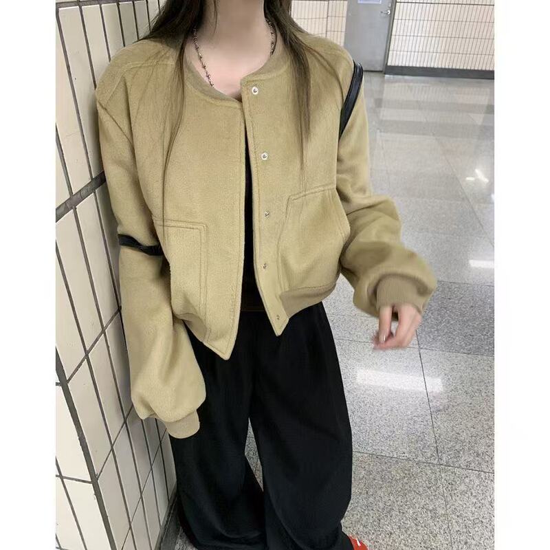 2025跨境秋冬美式棒球服外套女复古宽松短款纯色卡其夹克休闲外套|undefined