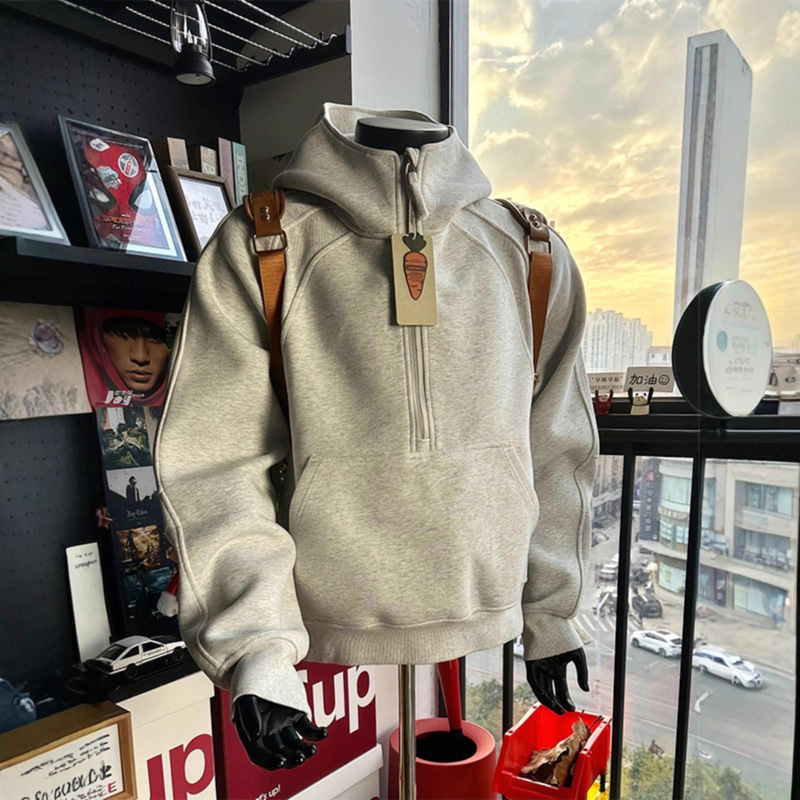 American Half-Zip Stand-Up Collar Sweatshirt Men's Autum Niche Deconstructed Jacket Cleanfit Heavy Stiff Hoodie