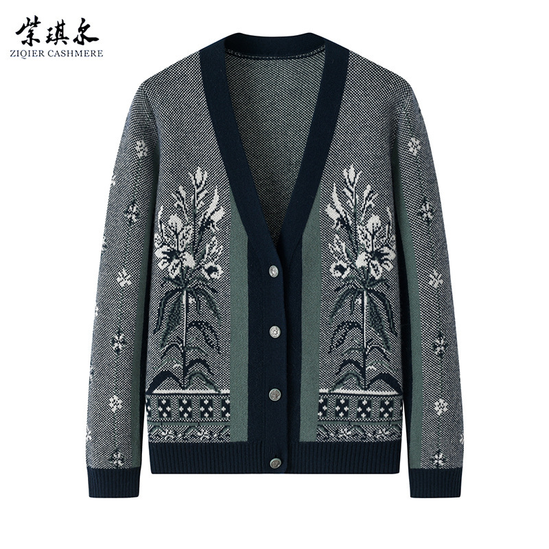 New 100 pure cashmere women's single-breasted V-neck double-lift embroidered thick cardigan loose fashion outerwear long-sleeved sweater