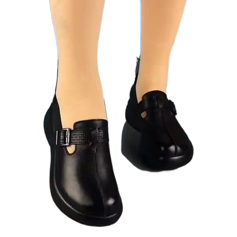 Zapatos de plataforma de mujer de suela gruesa de cuero suave hebilla hecha a mano zapatos de una sola capa Retro Round Toe cómodo Fondo suave 2022 primavera zapatos de mujer