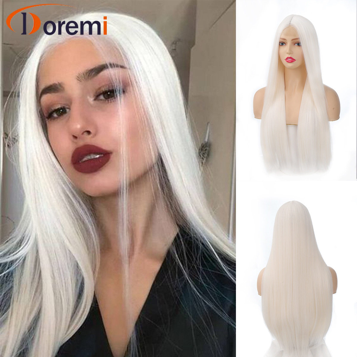 parrucche moda donna pizzo frontale capelli lunghi lisci 70cm280g seta ad alta temperatura fibra chimica morbida traspirante_voghion.com