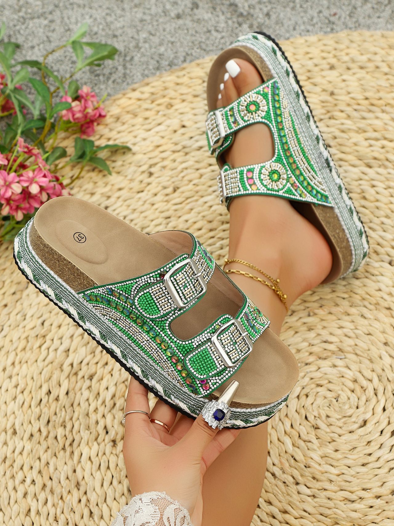Women's Summer Rhinestone Platform Sandals Thick Sole Belt Buckle plus Size Shoes Size 43 New Style_vogvips.com