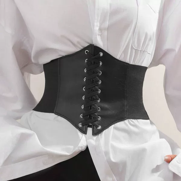 Palace-Style Black Leather Waist Cincher for Women, Slimming Wide Belt with Tie, Suitable for Pairing with Shirt Dresses