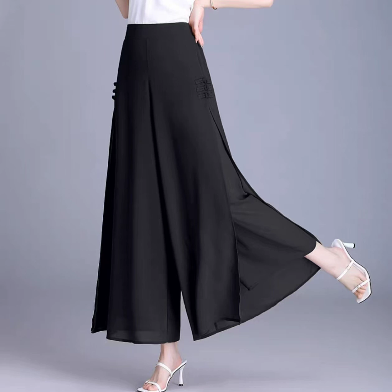 Шифоновые широкие брюки для женщин, брюки-кюлоты с разрезом, летние тонкие брюки для женщин, новые девятиточечные брюки с высокой талией 2025 года.