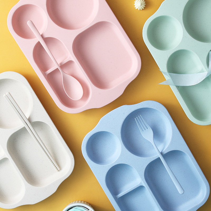 Wholesale Wheat Straw Dinner Plate Creative Children's Tableware Set 4-Piece Set Baby Divided Solid Food Tableware Gift Set