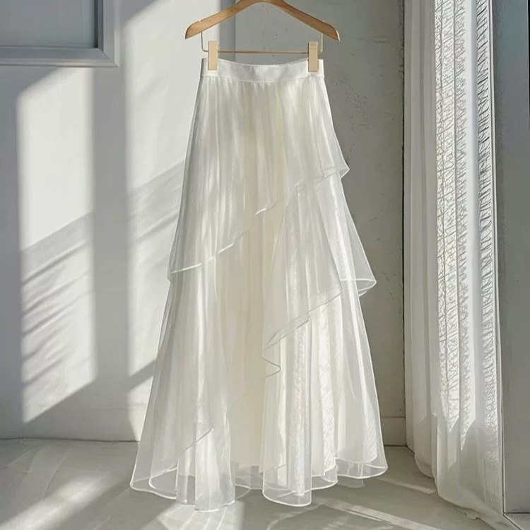 French High-End White Mesh Skirt for Women in Summer, New Design, Unique and Super Fairy Beautiful A-Line Long Skirt