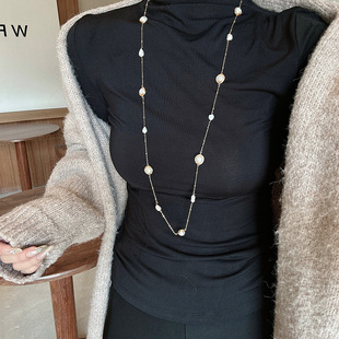 Multiple ways to wear! Natural pearl sweater chain elegant beaded long necklace 18K real gold plating color retention