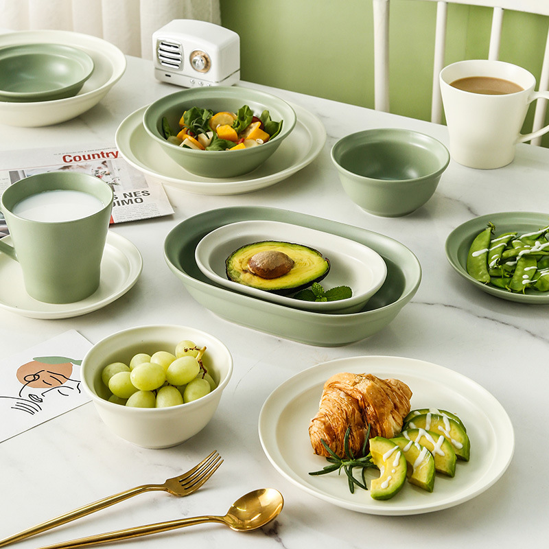 Nordic ceramic tableware suit bowl and Dish combination Green simple rice bowl plate household dish salad bowl housewarming