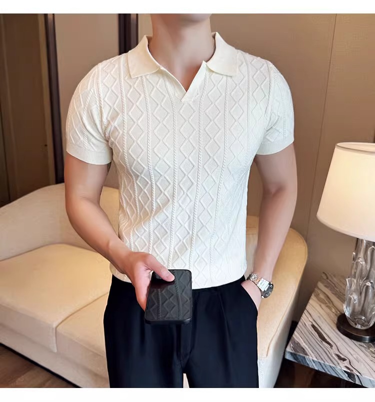 Men's Clothing Plus Size Men's Shirt Style Short Sleeved V Neck Business Collar Cable Knit T-Shirt For Formal & Casual_voghion.com