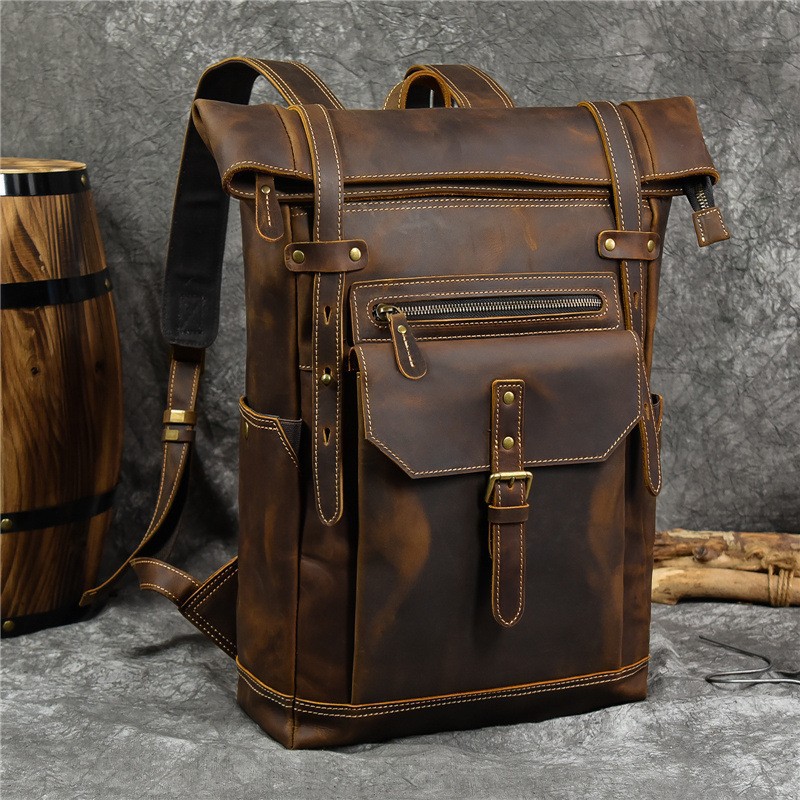 Retro Crazy Horse Leather Backpack Men's Genuine Leather Backpack Outdoor Travel Mountaineering Backpack Wholesale