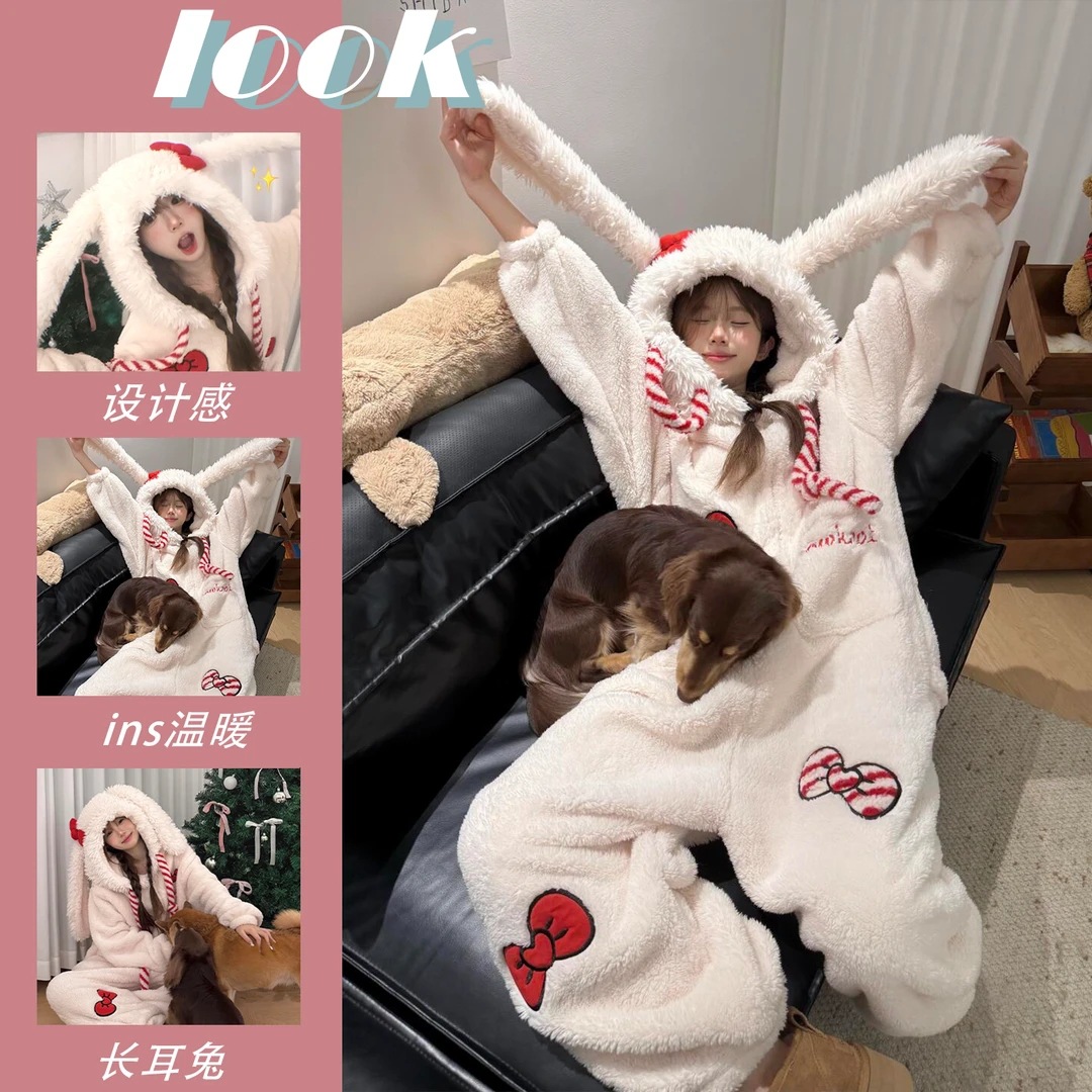 可爱蝴蝶结兔子连体珊瑚绒睡衣女士秋冬季加绒加厚家居服毛绒睡袍