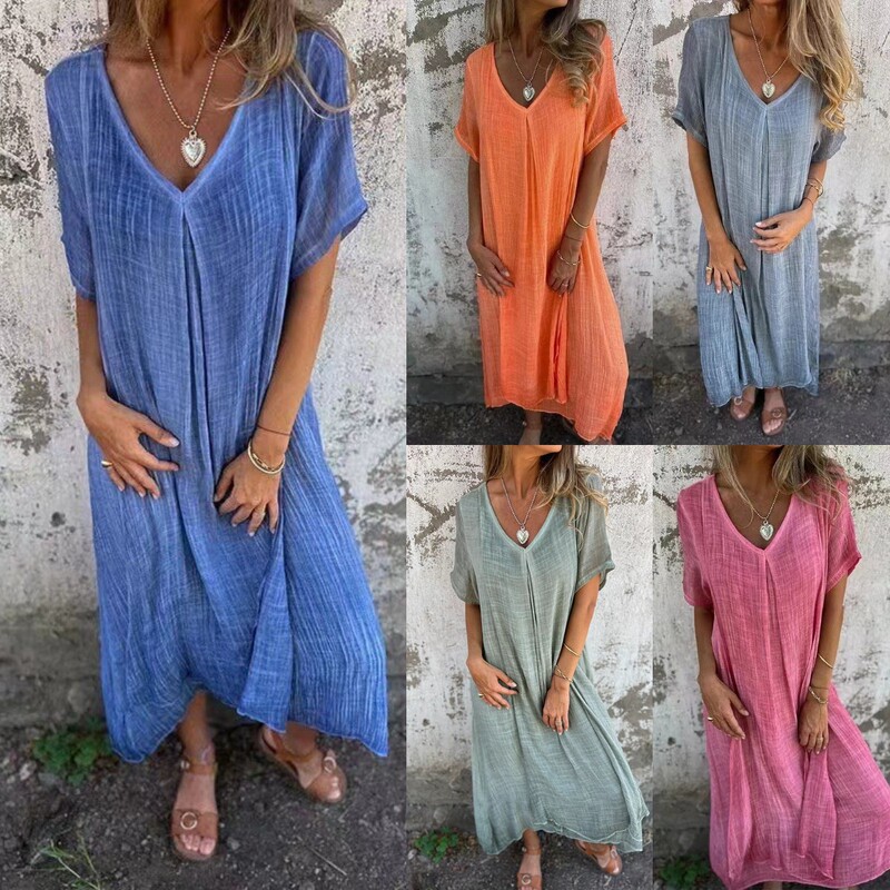 2025 Popular Independent Station Amazon European and American Cross-Border Fashion Cotton and Linen V Neck Loose Semi-Formal Dress Long Skirt