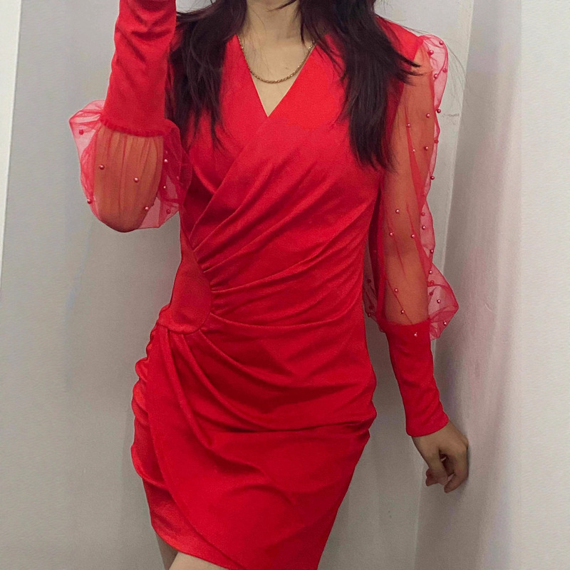 2026 Spring Autumn New Women Beaded Mesh Long Sleeve Dress V Neck Frill Mini Cocktail Party Dress