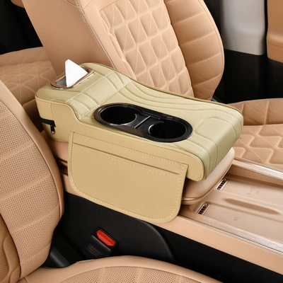 Model Central Car Armrest Box: Armrest box pad - quilted-embroidery-model-beige