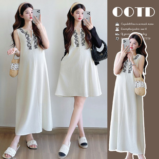Pregnant women's clothing 2025 summer new imitation hemp drape embroidery design ethnic style vest skin-friendly pregnant women's dress