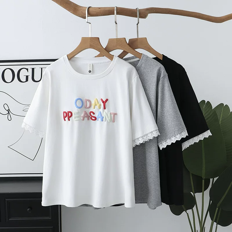 Летняя одежда, кружевные рукава, футболка, плюс-сайз, корейский стиль, короткий рукав