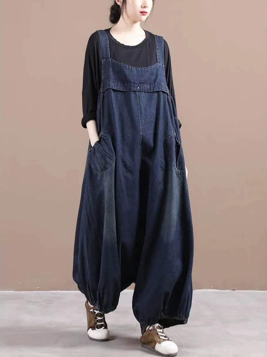 Джинсовый комбинезон, свободный крой женские dungarees, темно-синий 320#, размеры M–XXL