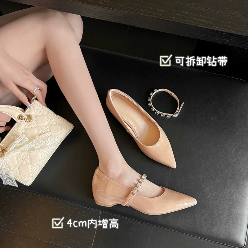 2025 новая кожаная обувь Mary Jane из патентной кожи nude color patent leather заостренный носок однослойная страза глубокий рот узкий каблук одинарные туфли для женщин